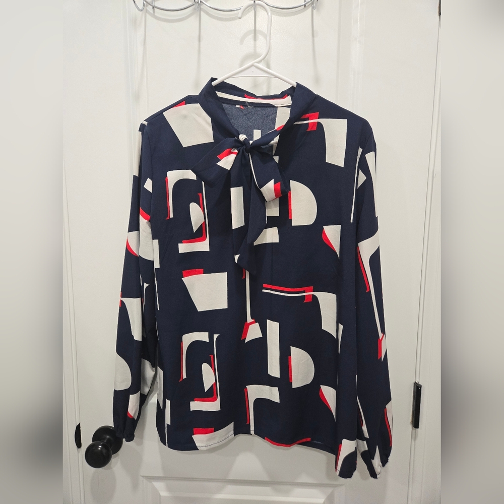 Red, White, and Blue patterned blouse- Shein Size L. Fit is true to size.